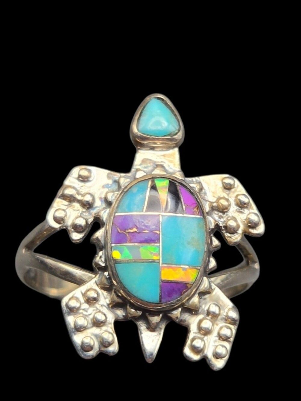 Sterling Silver Turtle Ring, Turquoise Opal Multicolor Inlay, Sz 8.25